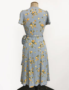 Celadon Blue Lemon Print Biasa Sweetheart Wrap Dress