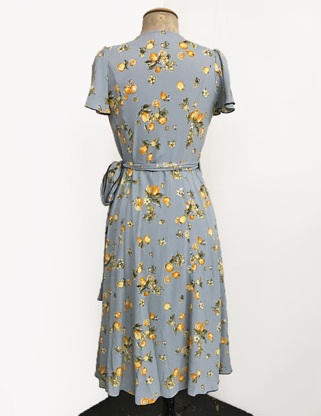 Celadon Blue Lemon Print Biasa Sweetheart Wrap Dress