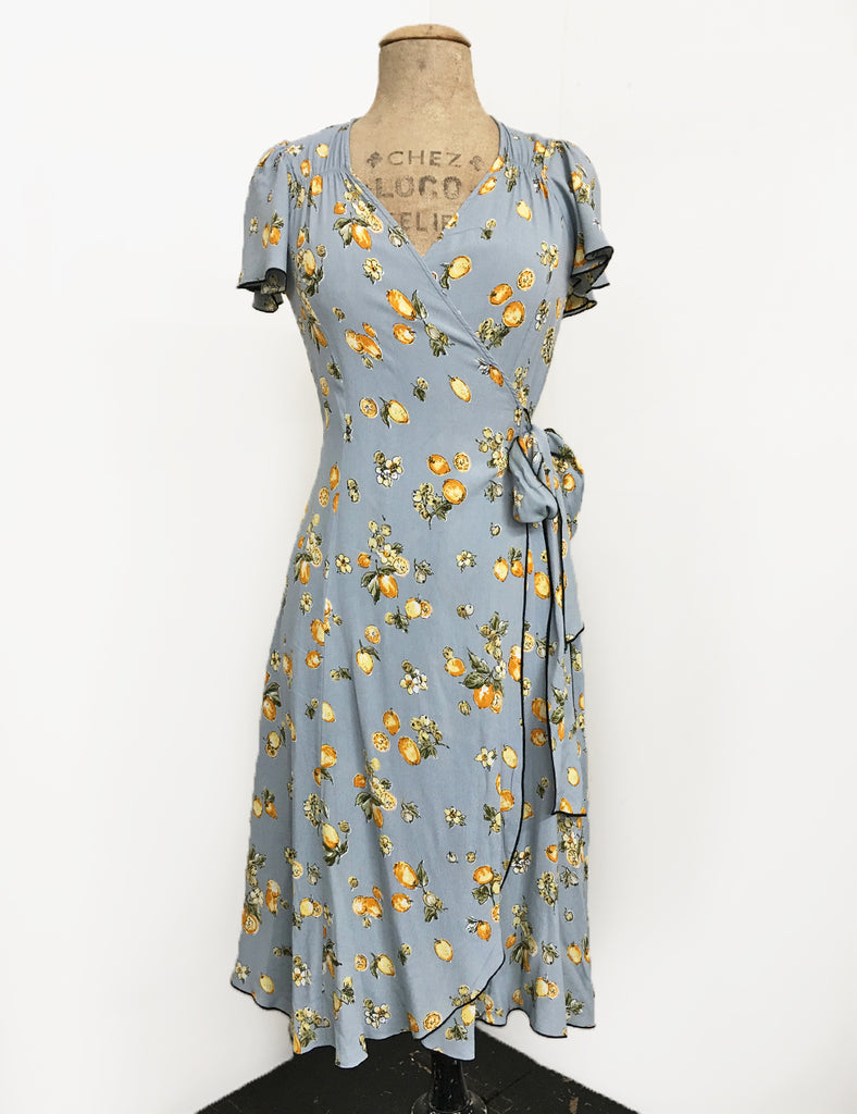 Celadon Blue Lemon Print Biasa Sweetheart Wrap Dress Loco Lindo