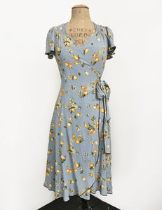 Celadon Blue Lemon Print Biasa Sweetheart Wrap Dress