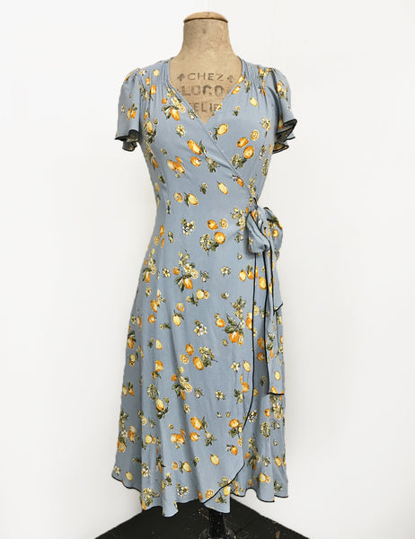Celadon Blue Lemon Print Biasa Sweetheart Wrap Dress