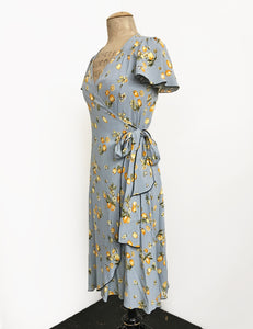 Celadon Blue Lemon Print Biasa Sweetheart Wrap Dress