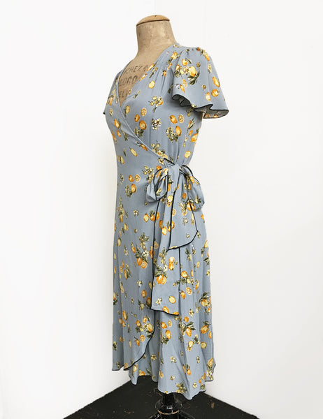 Celadon Blue Lemon Print Biasa Sweetheart Wrap Dress