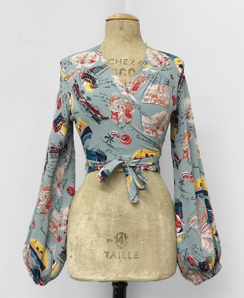 Celadon Vintage Postcard Print Drama Sleeve Babaloo Tie Crop Top