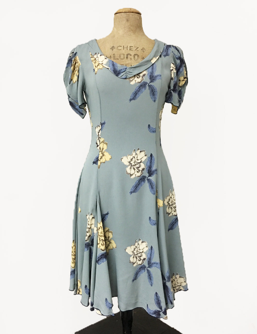 Celadon Blue Tropical Floral 1930s Venice Beach Balboa Swing Dress