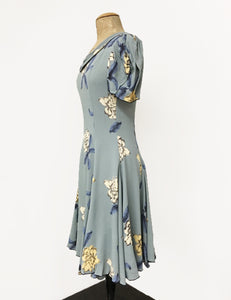 Celadon Blue Tropical Floral 1930s Venice Beach Balboa Swing Dress