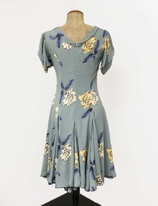 Celadon Blue Tropical Floral 1930s Venice Beach Balboa Swing Dress