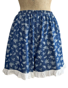 Denim Blue Floral Printed Chambray Retro Contrast Ruffle Shorts