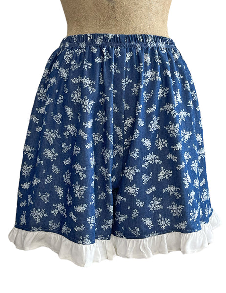 Denim Blue Floral Printed Chambray Retro Contrast Ruffle Shorts