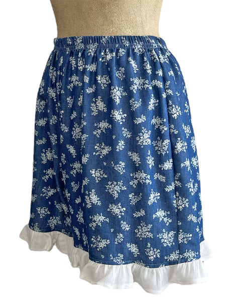Denim Blue Floral Printed Chambray Retro Contrast Ruffle Shorts