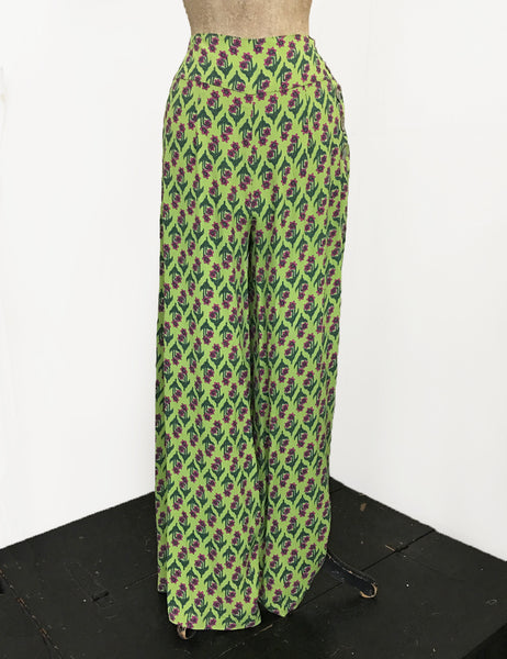 Chartreuse Green Nouveau Floral 1940s Style High Waisted Palazzo Pants