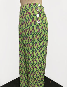 Chartreuse Green Nouveau Floral 1940s Style High Waisted Palazzo Pants