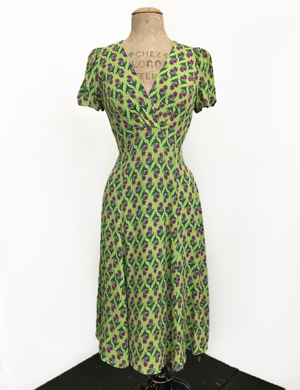 Chartreuse Green Nouveau Floral Knee Length Rita Dress