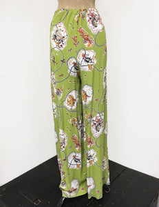 Chartreuse Green Vintage Western Print 1940s Style High Waisted Palazzo Pants