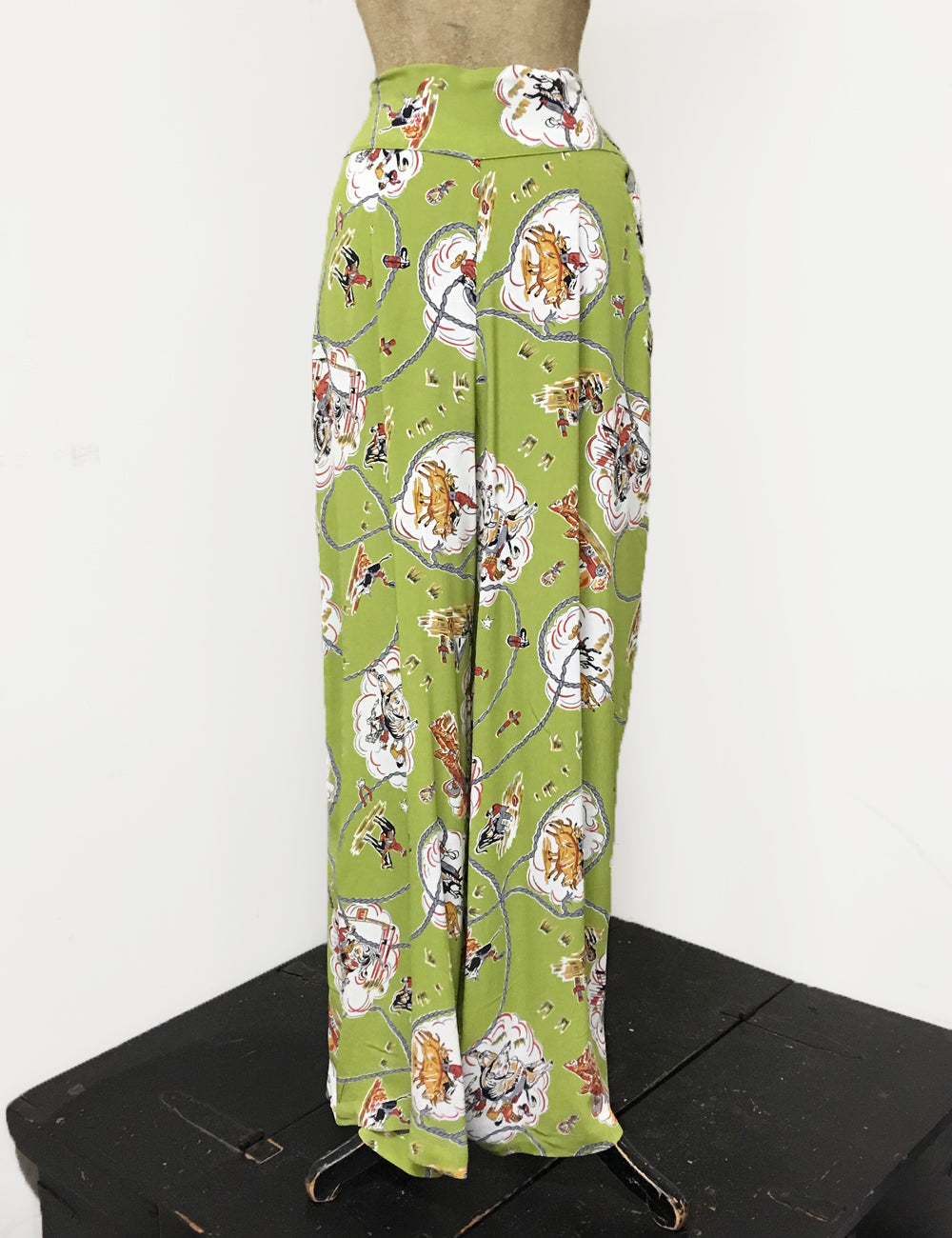 Chartreuse Green Vintage Western Print 1940s Style High Waisted Palazzo Pants