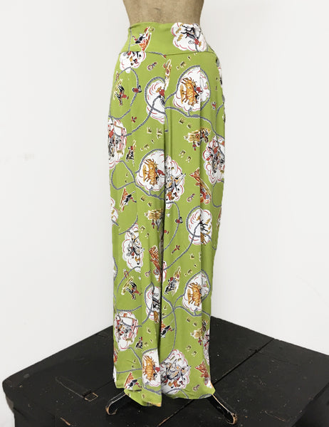 Chartreuse Green Vintage Western Print 1940s Style High Waisted Palazzo Pants
