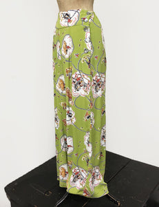 Chartreuse Green Vintage Western Print 1940s Style High Waisted Palazzo Pants