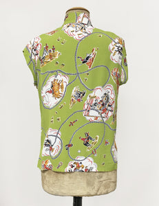 Chartreuse Green Vintage Western Print Mandarin Collar Tea Timer Top