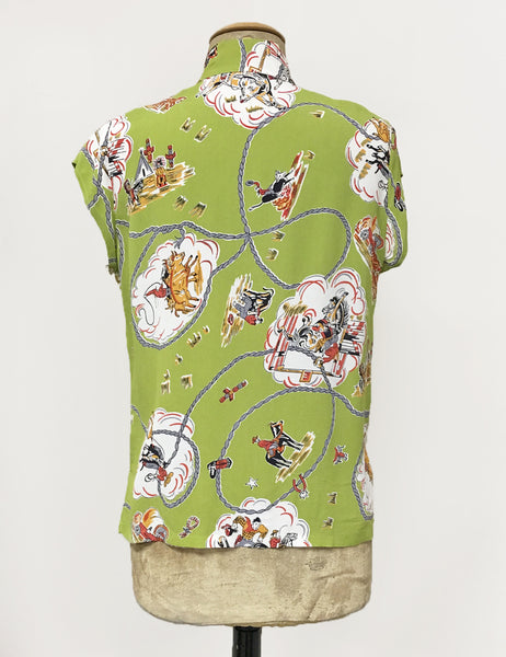 Chartreuse Green Vintage Western Print Mandarin Collar Tea Timer Top