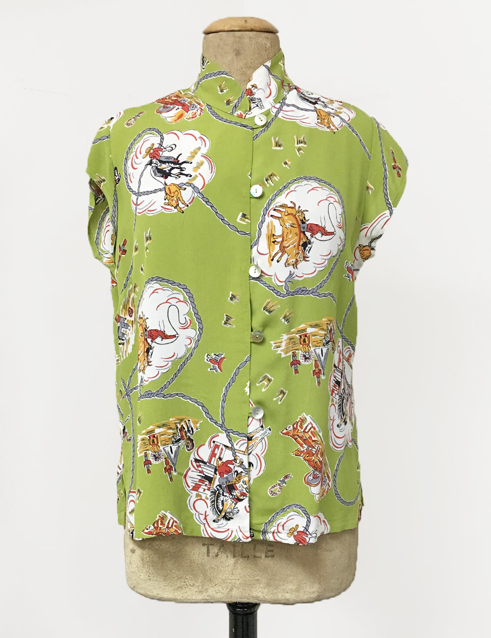 Chartreuse Green Vintage Western Print Mandarin Collar Tea Timer Top