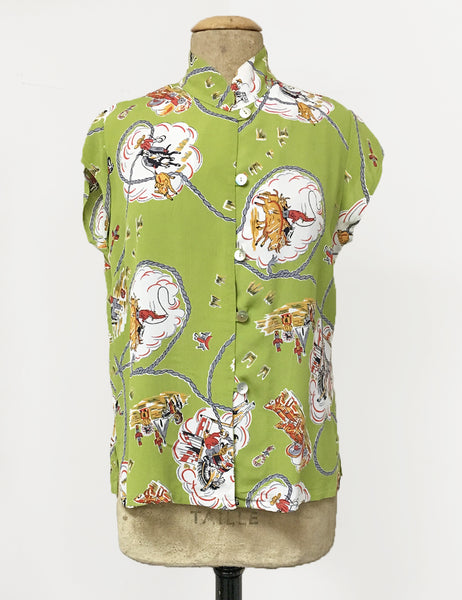 Chartreuse Green Vintage Western Print Mandarin Collar Tea Timer Top