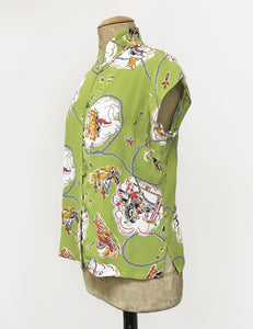 Chartreuse Green Vintage Western Print Mandarin Collar Tea Timer Top