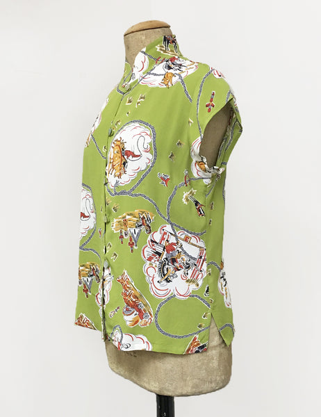 Chartreuse Green Vintage Western Print Mandarin Collar Tea Timer Top