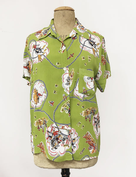 Chartreuse Green Vintage Western Print Button Up Short Sleeve Camp Shirt