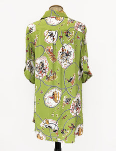 Chartreuse Green Vintage Western Print Hi-Low Blouse