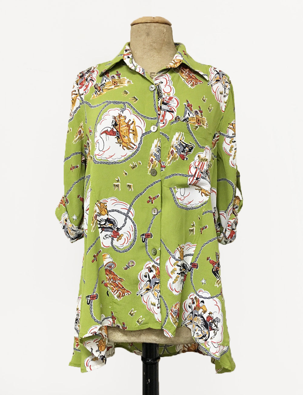 Chartreuse Green Vintage Western Print Hi-Low Blouse