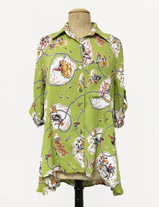 Chartreuse Green Vintage Western Print Hi-Low Blouse