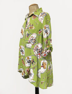 Chartreuse Green Vintage Western Print Hi-Low Blouse