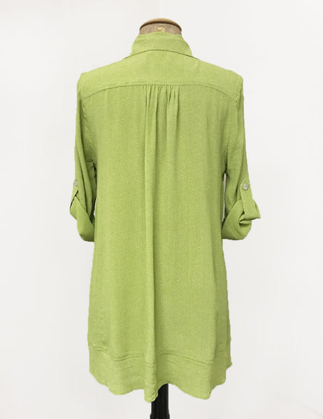 Chartreuse Green Pixie Dot Button Up Collared Hi-Low Blouse