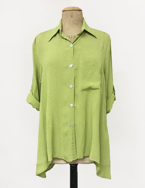 Chartreuse Green Pixie Dot Button Up Collared Hi-Low Blouse