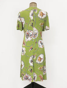 Chartreuse Green Vintage Western Print Mai Tai Knee Length Dress