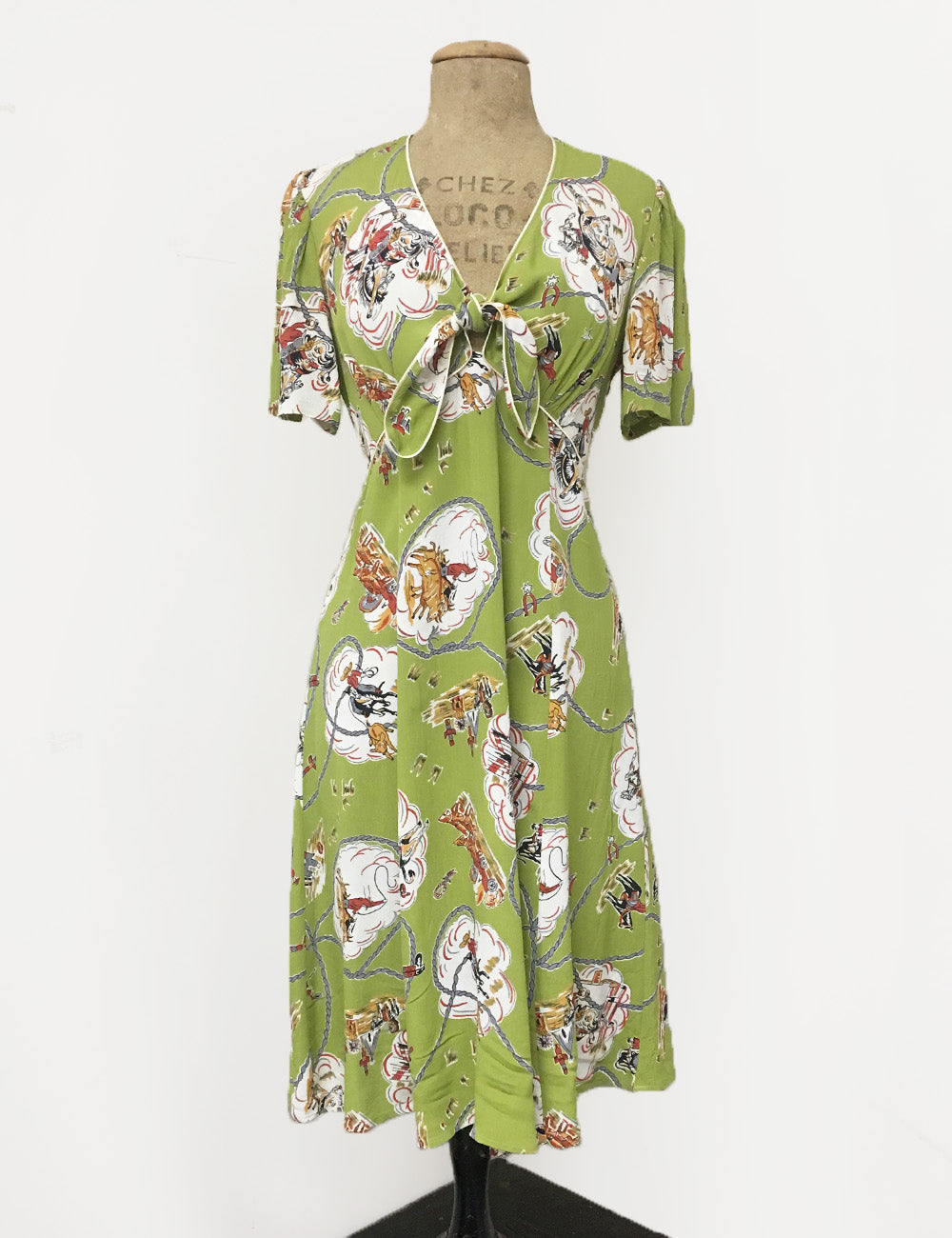 Chartreuse Green Vintage Western Print Mai Tai Knee Length Dress