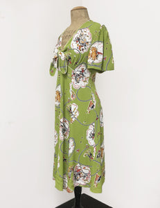 Chartreuse Green Vintage Western Print Mai Tai Knee Length Dress
