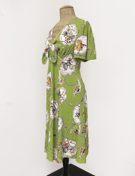 Chartreuse Green Vintage Western Print Mai Tai Knee Length Dress