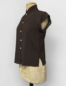 Chocolate Brown Button Up Mandarin Collar Tea Timer Top - FINAL SALE