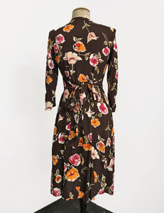 Chocolate Brown Fall Floral 3/4 Sleeve Retro 40s Dress