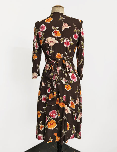 Chocolate Brown Fall Floral 3/4 Sleeve Retro 40s Dress