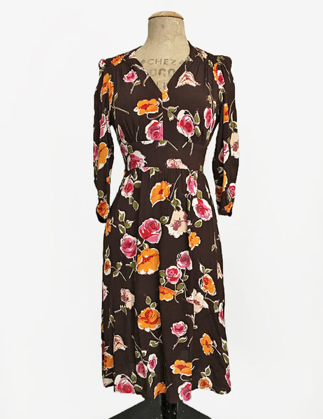 Chocolate Brown Fall Floral 3/4 Sleeve Retro 40s Dress