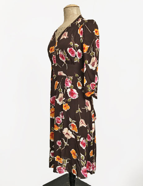Chocolate Brown Fall Floral 3/4 Sleeve Retro 40s Dress