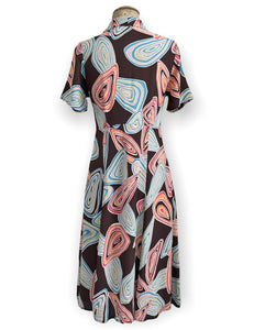 Chocolate Brown Funky Mid-Century Geode Print Short Sleeve Day Dress