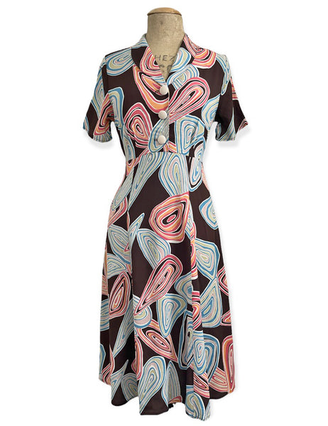 Chocolate Brown Funky Mid-Century Geode Print Short Sleeve Day Dress