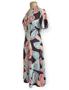 Chocolate Brown Funky Mid-Century Geode Print Short Sleeve Day Dress
