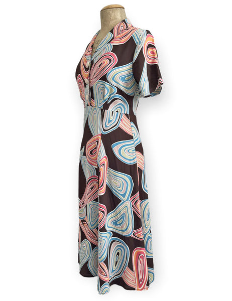 Chocolate Brown Funky Mid-Century Geode Print Short Sleeve Day Dress