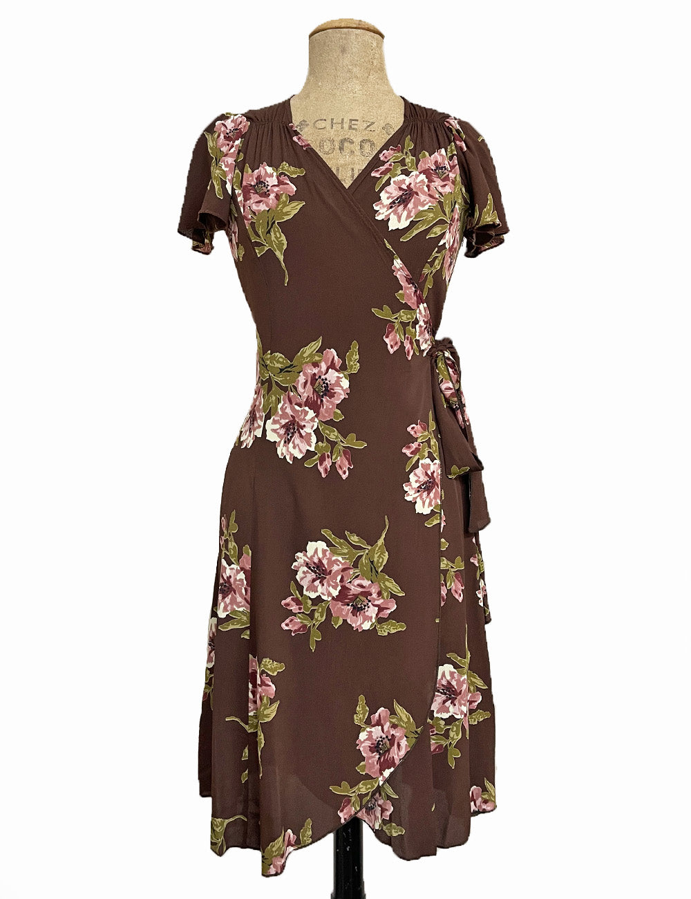 Chocolate Corsage Floral Vintage Inspired Biasa Wrap Dress