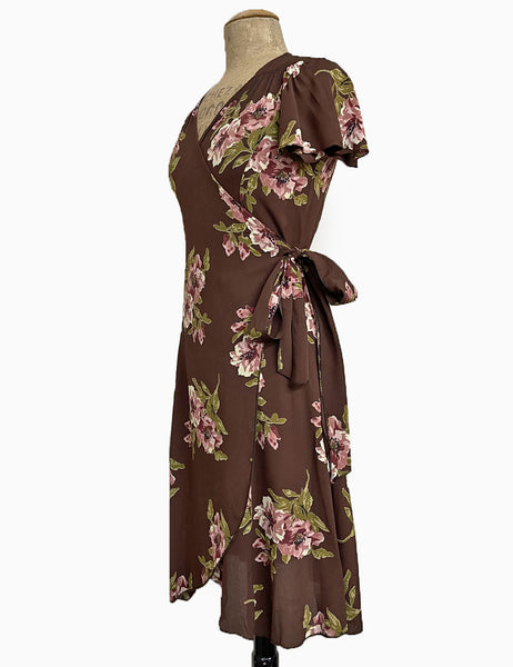 Chocolate Corsage Floral Vintage Inspired Biasa Wrap Dress