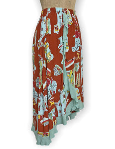 FINAL SALE - Cinnamon New York City Souvenir Print Faux Ruffle Wrap Barcelona Skirt